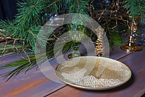 Christmas wooden plate table vintage white blue green New Year decorated table glasses vintage gold