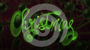 Christmas word lettering written with green fire flame or smoke on molecular hitech network background. 3d illustration