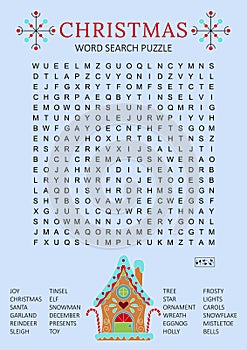 Christmas word search puzzle. Crossword game for learning English words fun.