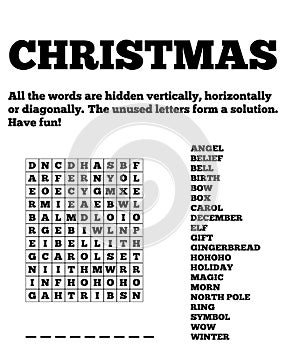 Christmas wordsearch game on white background. Crossword about winter holidays