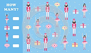 Christmas worksheet for kids, how many game with nutcracker character, ballerina and xmas attribute objecs photo
