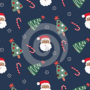 Christmas wrap paper design with trees and Santa Claus. Xmas gift wrapping background with snow and gifts.