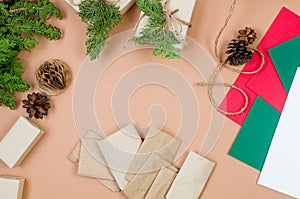 Christmas wrapping background with gift boxes in craft paper