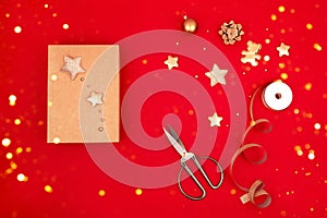 Christmas wrapping gift red background holiday lights