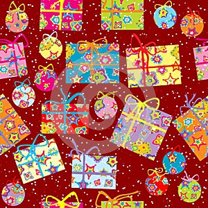 Christmas wrapping paper with gift packages and globes