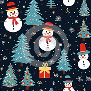 Christmas wrapping paper with a pattern of a snowman, Christmas tree and gifts. Seamless pattern