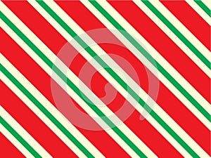 Christmas wrapping paper with Red, yellow and lime green stripes. Candy cane seamless pattern with straight diagonal lines. Vector