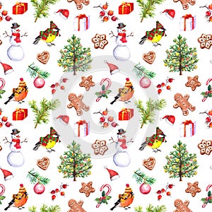 Christmas wrapping paper seamless design. Winter birds, cookies, snowman, gift box, christmas tree, decorated pine