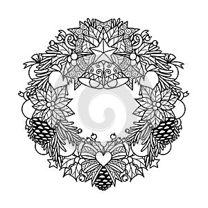 Christmas wreath for adult coloring book,  printing on product, laser cutting, paper cutting and so on. Vector illustration