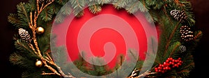 Christmas wreath background with tree branches on red surface. Merry christmas card. Happy New Year greetings. Generative Ai