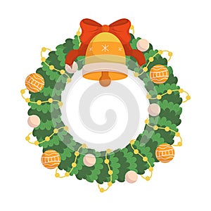 Christmas Wreath with Bell and Baubles Isolated on White Background. Traditional Xmas Decor of Spruce Branches