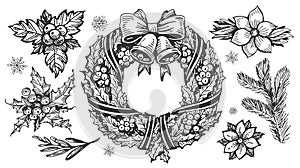 Christmas wreath with bells. Hand drawn set retro holiday floral decorations. Vintage sketch illustration