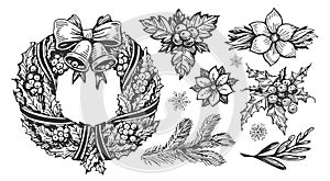 Christmas wreath with bells. Hand drawn set retro holiday floral decorations. Vintage sketch vector illustration