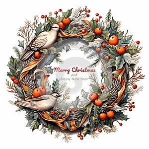 Christmas wreath with birds and holly berries.