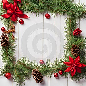 Christmas wreath border frame on a white wooden background.