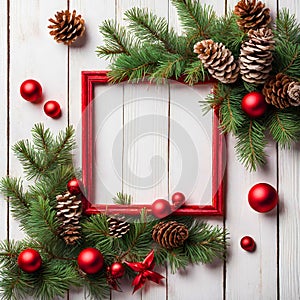 Christmas wreath border frame on a white wooden background.