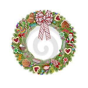 Christmas wreath with candies and cookies