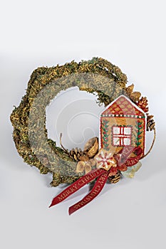 Christmas wreath candle candle gingerbread tree white snow isolated