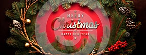 Christmas wreath card with tree branches on red background. Merry christmas wishes. Happy New Year. Generative Ai