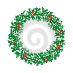 Christmas wreath with cartoon cones and bows. Color vector isolated illustration on a white background.