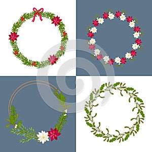 Christmas wreath collection with pine branches, poinsettia, holly and mistletoe