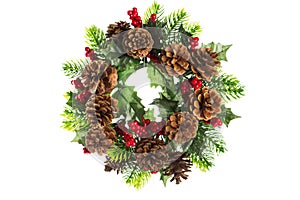 Christmas wreath with cone decoration isolated on white