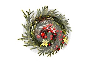 Christmas wreath of cones, spruce branches and berries, New Year's decorations. Isolated, white background. beautiful spruce wrea