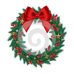 Christmas wreath decorated with fir tree, red bow,  berry, and star, isolated on white background. Circle garland. Xmas holiday.