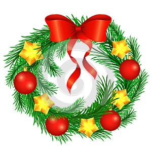 Christmas wreath decorated with a red bow with gold stars and re