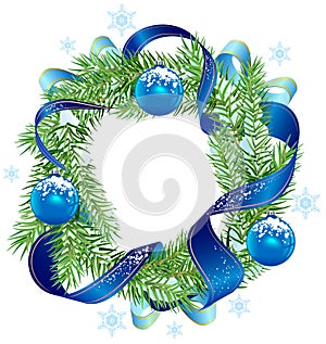 Christmas wreath decorated ribbon and blue balls