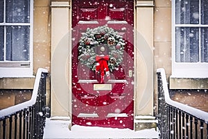 Christmas wreath and decoration on a classic red door on snowing winter holiday, Merry Christmas and Happy Holidays wishes,