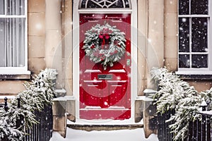 Christmas wreath and decoration on a classic red door on snowing winter holiday, Merry Christmas and Happy Holidays wishes,