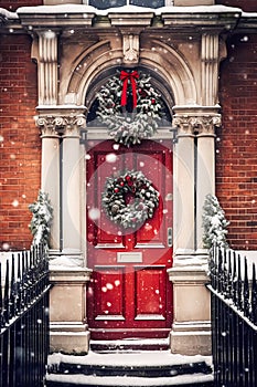 Christmas wreath and decoration on a classic red door on snowing winter holiday, Merry Christmas and Happy Holidays wishes,