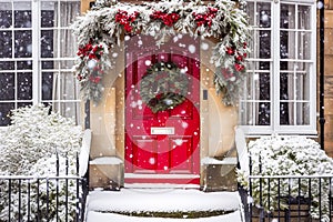 Christmas wreath and decoration on a classic red door on snowing winter holiday, Merry Christmas and Happy Holidays wishes,