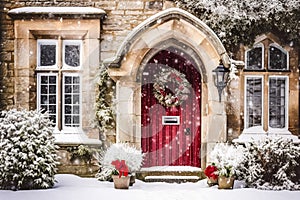 Christmas wreath and decoration on a classic red door on snowing winter holiday, Merry Christmas and Happy Holidays wishes,