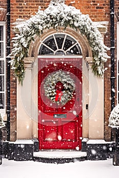 Christmas wreath and decoration on a classic red door on snowing winter holiday, Merry Christmas and Happy Holidays wishes,