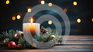 Christmas wreath decoration on dark wooden table