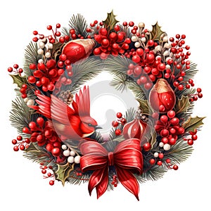 Red and green Christmas wreath decoration isolated on white background, AI Generated