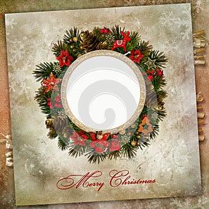 Christmas wreath with decoration on a vintage background