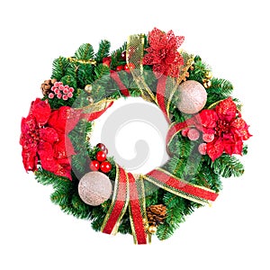 Christmas wreath with decorations isolated on white background