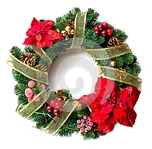 Christmas wreath with decorations isolated on white background