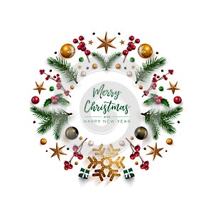 Christmas wreath design with festive Christmas decoration ornaments and objects