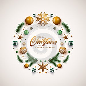 Christmas wreath design with festive Christmas decoration ornaments and objects