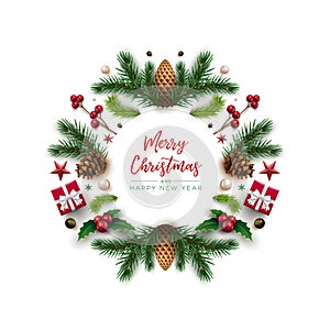 Christmas wreath design with festive Christmas decoration ornaments and objects