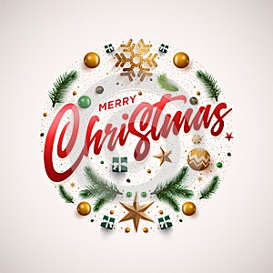 Christmas wreath design with festive Christmas decoration ornaments and objects