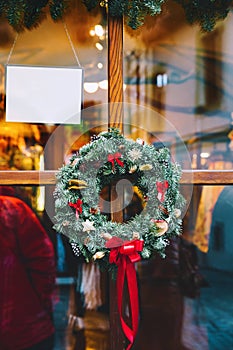 Christmas wreath on the door in Europe.