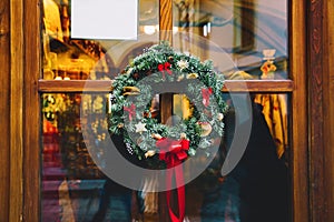 Christmas wreath on the door in Europe.