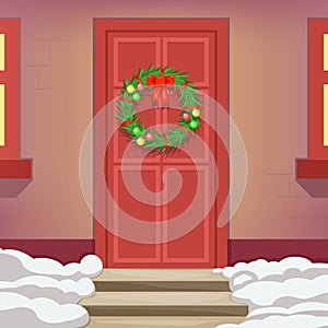 Christmas wreath door holiday decoration new year celebration vintage cartoon vector illustration