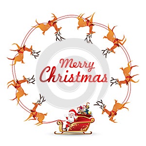 Christmas wreath Elements with Santa Claus rides reindeer sleigh spinning around make frame for blank copy space for text