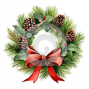 christmas wreath of evergreen branches, accented with pinecones and red ribbon